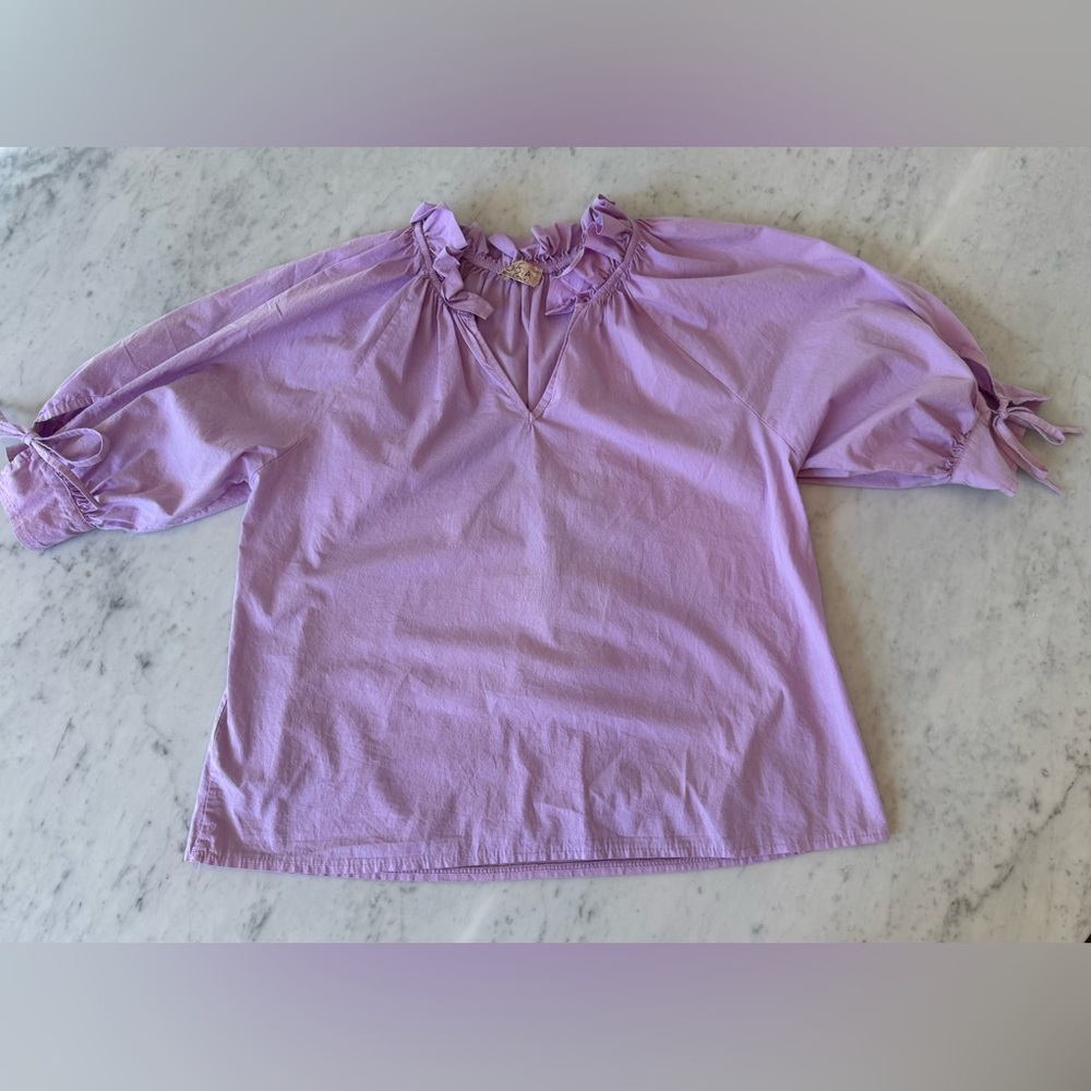 Sofia Made In Italy Eloise Ruffle V-Neck Blouse Violet Pink OS Cuff Sleeves